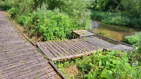 Action for the River Kennet Wooden beams forming a path by a river surrounded by green foliage