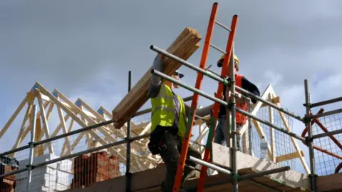 Two construction workers in high-visibility clothing and hard hats are on scaffolding at a building site. One is carrying wooden planks on their shoulder while the other stands on the platform beside an orange ladder, with roof trusses and stacked bricks visible in the background under a cloudy sky.