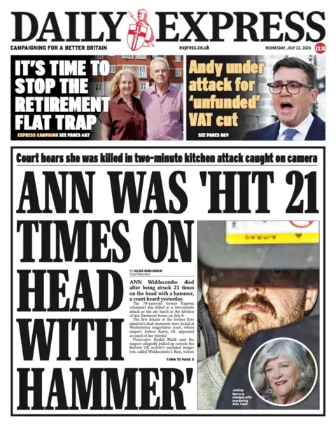The headline on the front page of the Daily Express reads: “Ann was 'hit 21 times on the head with hammer'”.