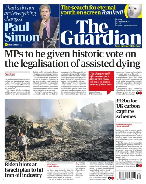 The Guardian cites a historic bill that would see MPs vote to give people a choice over end-of-life care. Labor MP Kim Leadbeater says Parliament should be able to consider changing the law to provide for this "Reassurance and relief – and most of all, dignity and choice". in the last months of a person's life, the newspaper reports. Pictured is a scene of devastation as a building collapses and debris levels an area in southern Beirut following an Israeli airstrike. 