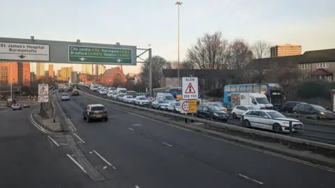 Kit Taylor/BBC The A64 Marsh Lane Junction showing traffic building up on the eastbound road