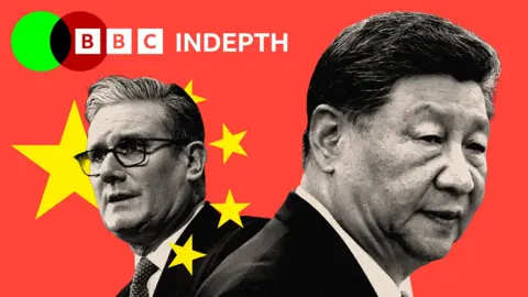 A treated image of close up shots of Keir Starmer and Xi Jinping