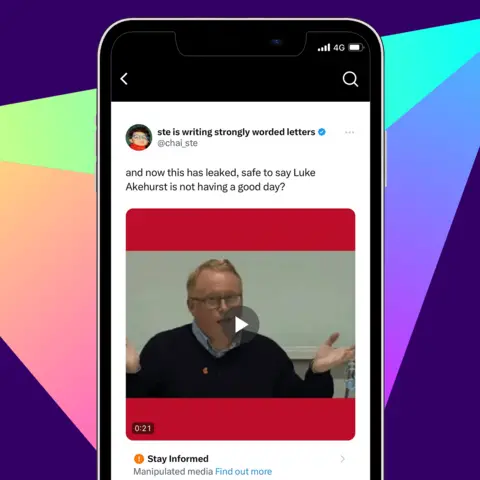 A graphic showing a phone with a screenshot of an X post claiming to be a leaked video of Luke Akehurst, saying it is "safe to say Luke Akehurst is not having a good day"