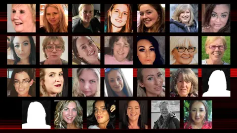 A collage of pictures of 25 of the 27 women who have died violently in Northern Ireland since 2020, with two silhouettes representing the other two women