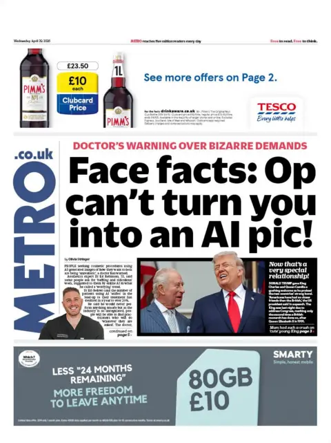 The headline on the front page of the Metro reads: "Face facts: Op can't turn you into an AI pic!"