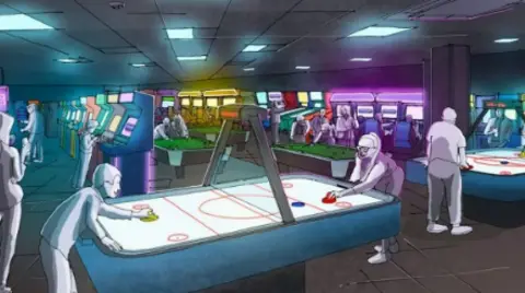 Continue Arcades Ltd A graphic showing people playing on games such as air hockey