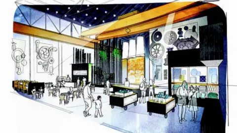 Scampton Holdings Ltd An artist impression of plans for the site. It shows a display room, including sketches of people looking around the room, which features various displays of machinery, some attached to the walls, others on tables.