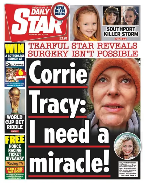 The headline on the front page of the Daily Star reads: "Corrie Tracey: I need a miracle!"