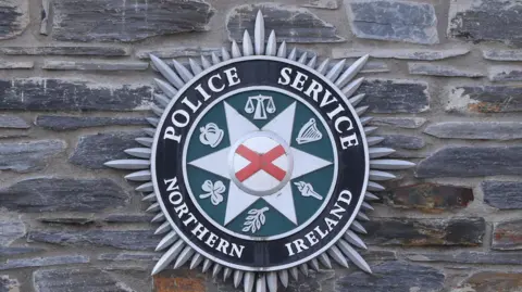 Police Service Northern Ireland badge against a brick wall. 
The badge is black on the outside, green in the middle with justice symbols and then the inner has a star with a red St George's cross.
