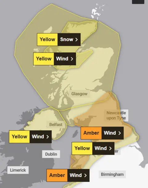 Met Office A Met Office map showing Scotland, Northern Ireland and parts of England under yellow and amber weather warnings.