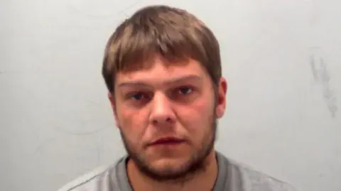 Kyle Pauley has brown hair and facial hair. He looks serious while wearing a grey jumper in this police custody image.