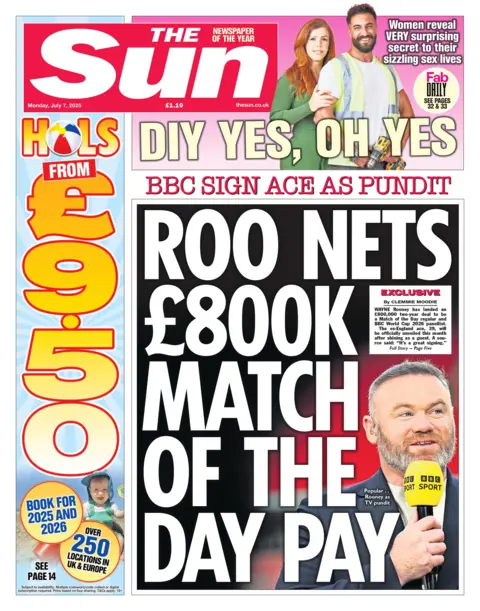 The Sun front page with a story on the BBC's new Match of the Day pundit, Wayne Rooney, and his £800,000 two-year deal. 