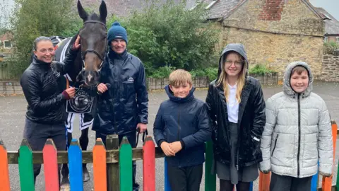 Horse Frodon in the playground at Wincanton primary school