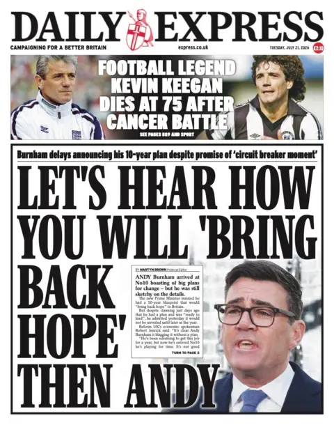 The headline on the front page of the Daily Express reads: “Let's hear how you will 'bring back hope' then Andy”.