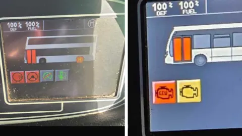 Handout Two dashboards from a Go North East bus display red and amber warning lights. One of the lights spells the word ECU.