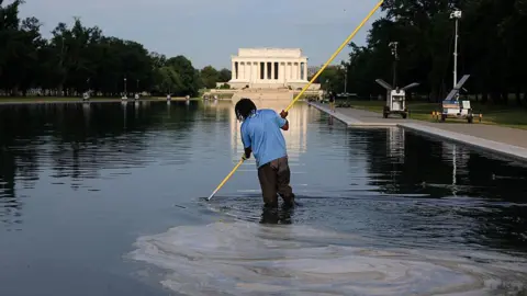 Workers clean the Lincoln Memorial Reflecting Pool on the National Mall on June 25, 2026 in Washington, DC.