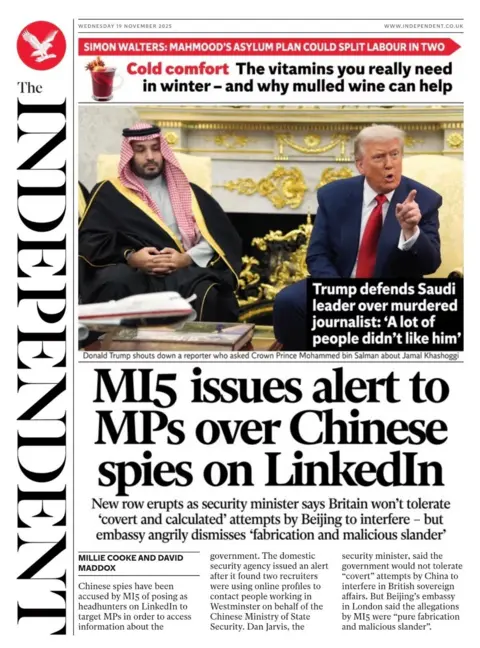  "MI5 issues alert MPs over Chinese spies on LinkedIn".