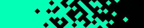 A turquoise green promotional banner with black squares and rectangles forming pixels, moving in from the right.