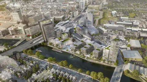 Rightacres | Benoy | Meshroom CGI view of the proposed Brains Brewery development site from above