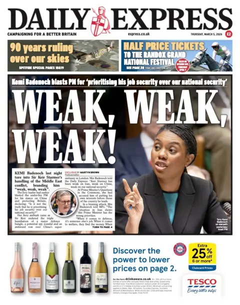 The headline on the front page of the Daily Express reads: “Weak, weak, weak!”.