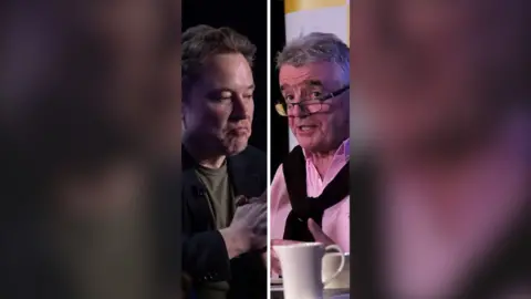 Split screen of Elon Musk and Michael O'Leary
