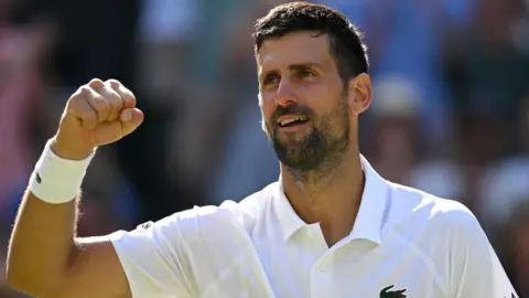 Novak Djokovic celebrates during his win over Arthur Rinderknech at Wimbledon