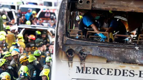 EPA Thai forensic police officers inspect a burnt bus on Vibhavadi Rangsit road in Bangkok, Thailand, 01 October 2024.