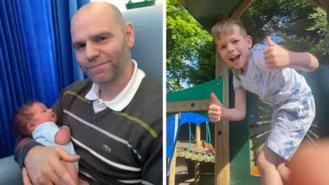 Family Composite image showing Carl Hillstead holding his son when he was a newborn baby in hospital and on the right Josh in more recent times, posing with his thumbs up in a playground