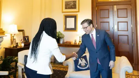 Kemi Badenoch/X Kemi Badenoch meets Speaker of the US House of Representatives Mike Johnson on Capitol Hill  