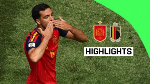 Mikel Merino blows kisses to the crowd to celebrate scoring the winning goal for Spain against Belgium in the 2026 World Cup.