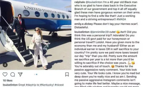 Instagram Louise Linton photo of Louise Linton and Steve Mnuchin disembarking a US Air Force plane
