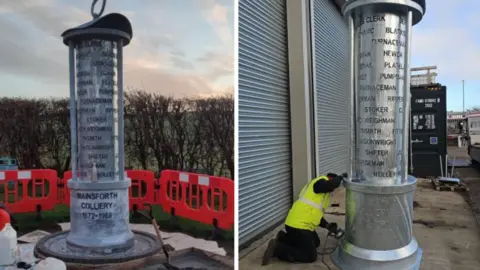 Curtis Bihari/Andrew McKeown On the left is a picture of the mining lamp being installed in Ferryhill with protective orange fencing around it. On the right the lamp is receiving the final touches before being transported to Ferryhill. There is a man in a high-vis vest and black trousers who is on his knees beside the lamp.