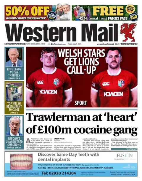 Western Mail Front page of the Western Mail has two Welsh rugby players in their red jerseys and the headline Welsh Stars get Lions call up. Below that is the headline trawlerman at 'heart' of £100 million pound cocaine gang 