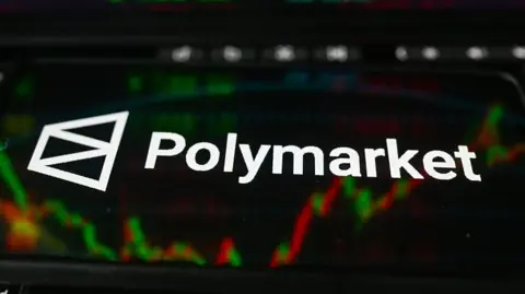 The Polymarket logo with financial charts in the background