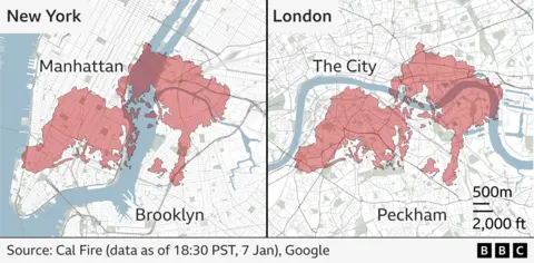 Maps showing the size of the Palisades Fire when superimposed over maps of New York (left) and London (right)