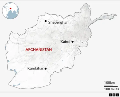 Map of Afghanistan showing Sheberghan in the north, the capital Kabul, east of the centre of the country, and Kandahar in the south