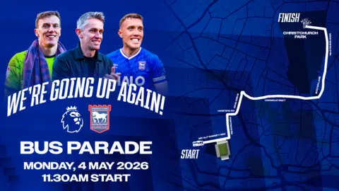 ITFC A graphic of two footballers, Kieran McKenna and a map showing a bus route. The wording says "WE'RE GOING UP AGAIN! BUS PARADE. MONDAY, 4 MAY 2026. 11.30AM START"