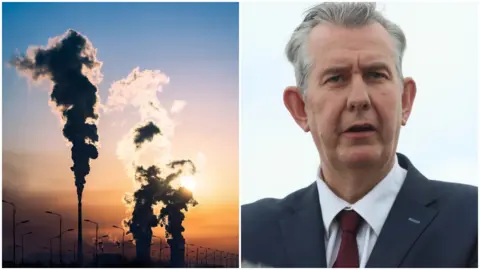 Getty Images/ PA Media A split picture, with an image of smoke rising up against a sunlit sky on the left, and a close up image of Edwin Poots on the right