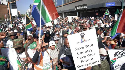 Gallo Images via Getty Images A crowd of people on a demonstration. Some are holding South African flags and at the front there is a placard that says "Save your country, save your future generations".