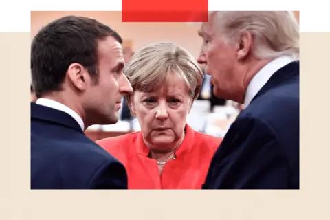 Getty Images A adjacent  up   of Emmanuel Macron, erstwhile  German Chancellor Angela Merkel and Donald Trump 