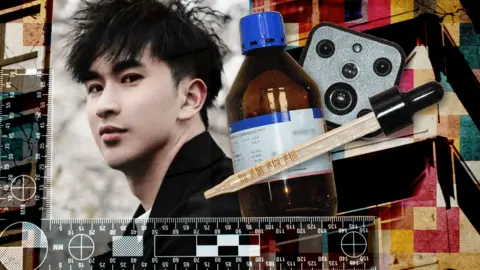 BBC A composite image with a photograph of Zhenhao Zou to the left, along with a bottle, camera and pipette, all found inside his flat. There is a ruler along the border of the image and a block of flats can be made out in the background.