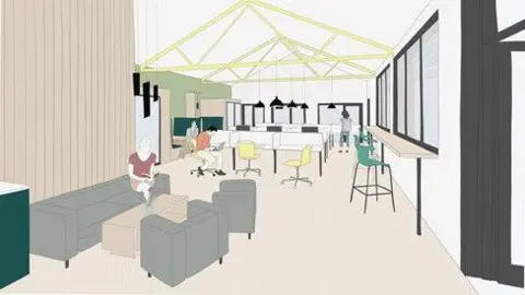 Concept design of the work hub at the Market Centre, Tiverton, showing some individual desks, plus a coffee table surrounded by a sofa and chairs