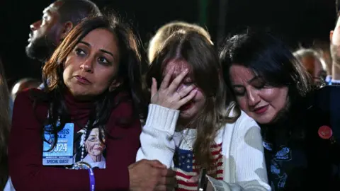 Al Drago/Bloomberg via Getty Image Attendees react during an election night event with US Vice President Kamala Harris, not pictured, in Washington, DC, US, on Tuesday, Nov. 5, 2024.