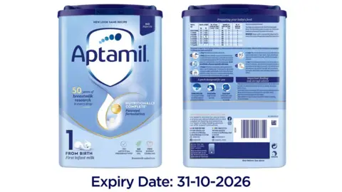 Aptamil An image of the product Aptamil infant formula from birth, which is coloured blue with a dark blue lid- the expiry date is in bold at the bottom, saying 31-10-2026