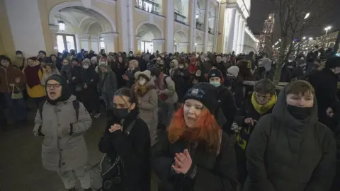 EPA Russian protestors shout slogan: "No War" during a rally against entry of Russian troops into Ukraine in St. Petersburg, Russia, 24 February 2022.