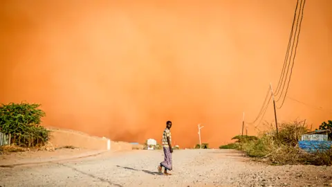 Getty Images A man walks in front of a sandstorm in Dollow, south-west Somalia - April 2022