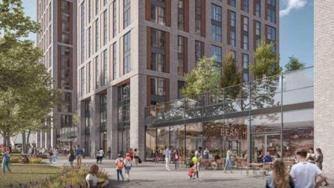 A CGI image of the new pre-application scheme for Broad Street Mall, showing a fronting onto Dusseldorf Way in Reading town centre, showing people walking below two of four planned towers.