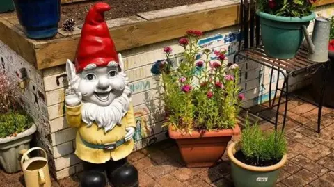 Sadie-Elloise Garnett A paved area with a brightly-coloured garden gnome and a selection of planted pots. There is a small yellow watering can next to the gnome.