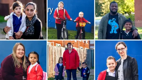 BBC A composite image of parents and children on their first day back at school