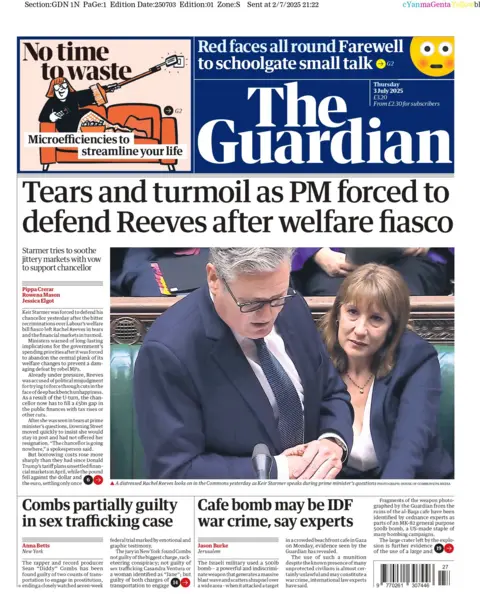 "Tears and turmoil as PM forced to defend Reeves after welfare fiasco" reads the headline on the front page of The Guardian.